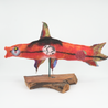 Handmade felt salmon sculpture on arbutus wood base, by Pender Island fibre artist Debbie Katz. 