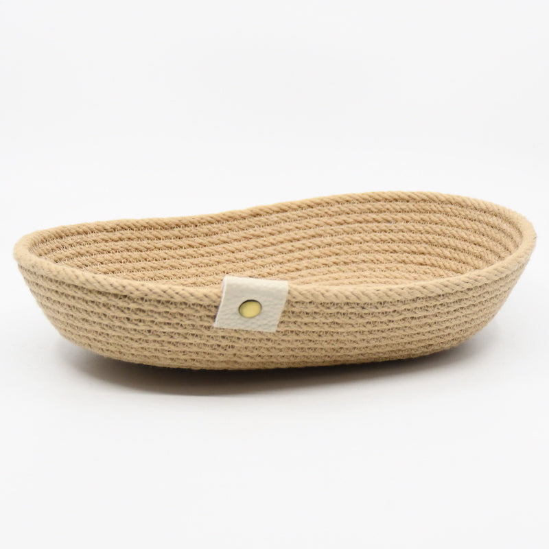 Tray sewn from 100% cotton rope, machine sewn and hand dyed in coffee shade using only plant based dyes handmade by designer Andromeda Nelson on Salt Spring Island. 