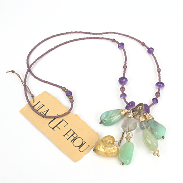 Long beaded necklace with multiple pendant charms in amethyst, fluorite, chrysoprase and prehnite stones. Designed and handcrafted by Ula Frou creator Sadie Hodson on Salt Spring Island. 