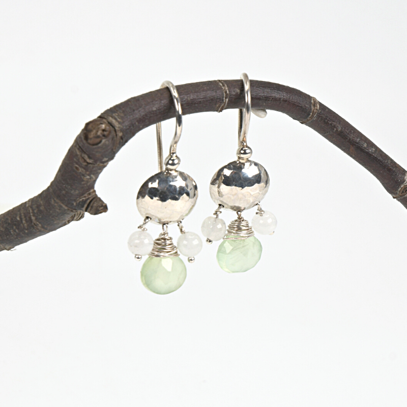 Silver drop earring with moonstone and prehnite beads, on sterling silver earhooks. Designed and handcrafted by Ula Frou creator Sadie Hodson on Salt Spring Island.