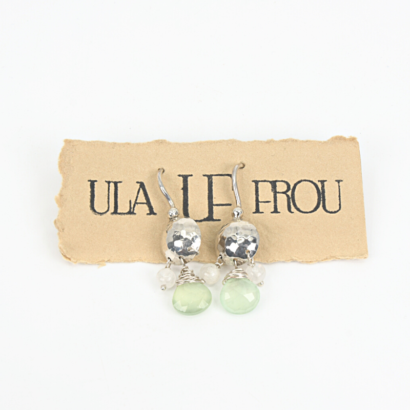 Silver drop earring with moonstone and prehnite beads, on sterling silver earhooks. Designed and handcrafted by Ula Frou creator Sadie Hodson on Salt Spring Island.