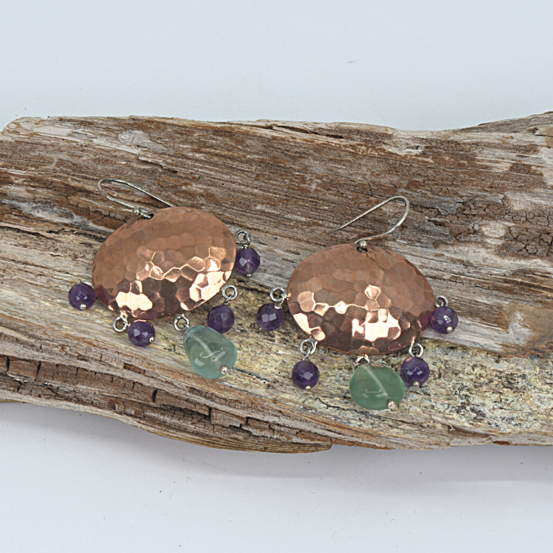 Hammered copper earrings with with fluorite and amethyst stones on sterling silver ear hooks. Designed and handcrafted by Ula Frou creator Sadie Hodson on Salt Spring Island. 